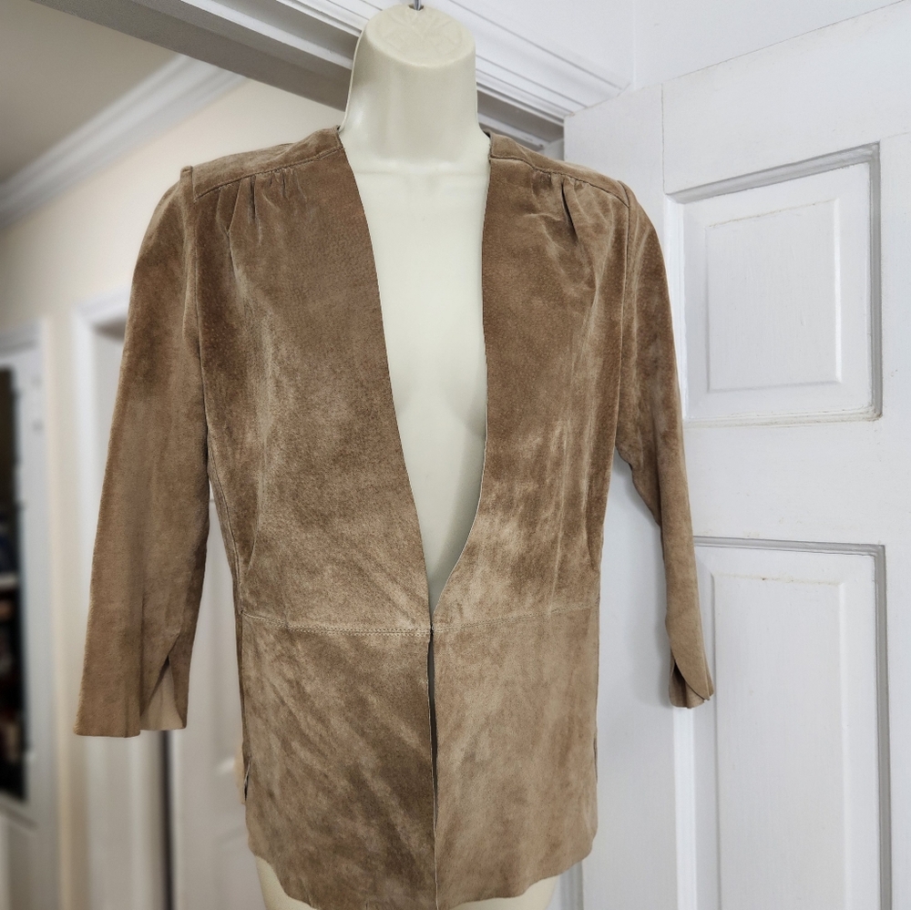 {Ecru} Suede Leather shirt Jacket Tan - Women's Small unlined, 3/4 sleeves